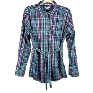 Peter Millar Women's XL Plaid Stretch Button-Up Shirt Tie Belt Roll tab Sleeves
